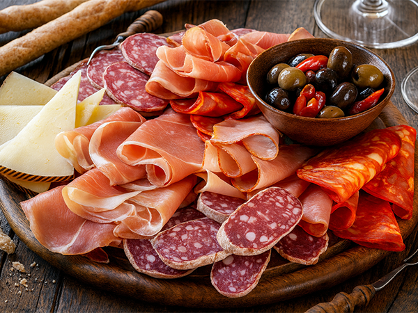 taglieri e cesti di affettati per merenda